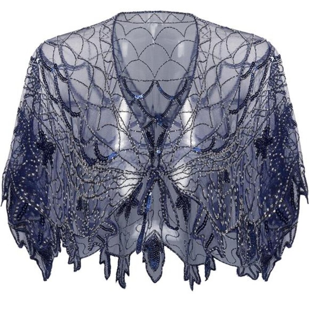 Shawl Wraps Sequin Beaded Cape Blue